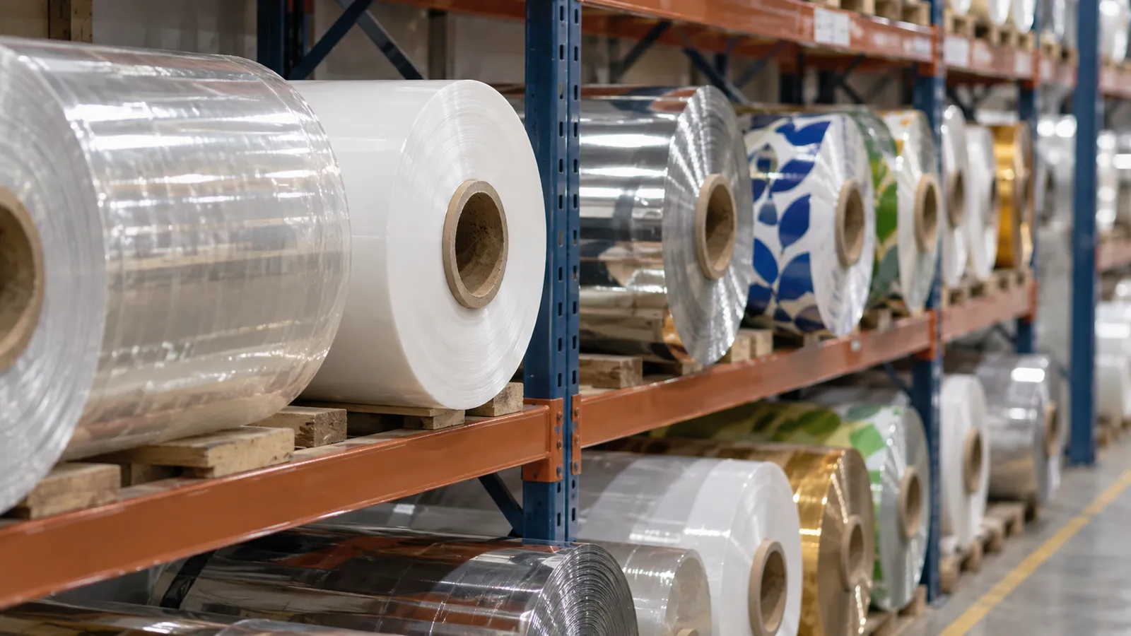 Clear, white, metallized and printed packaging film rolls in a warehouse rack