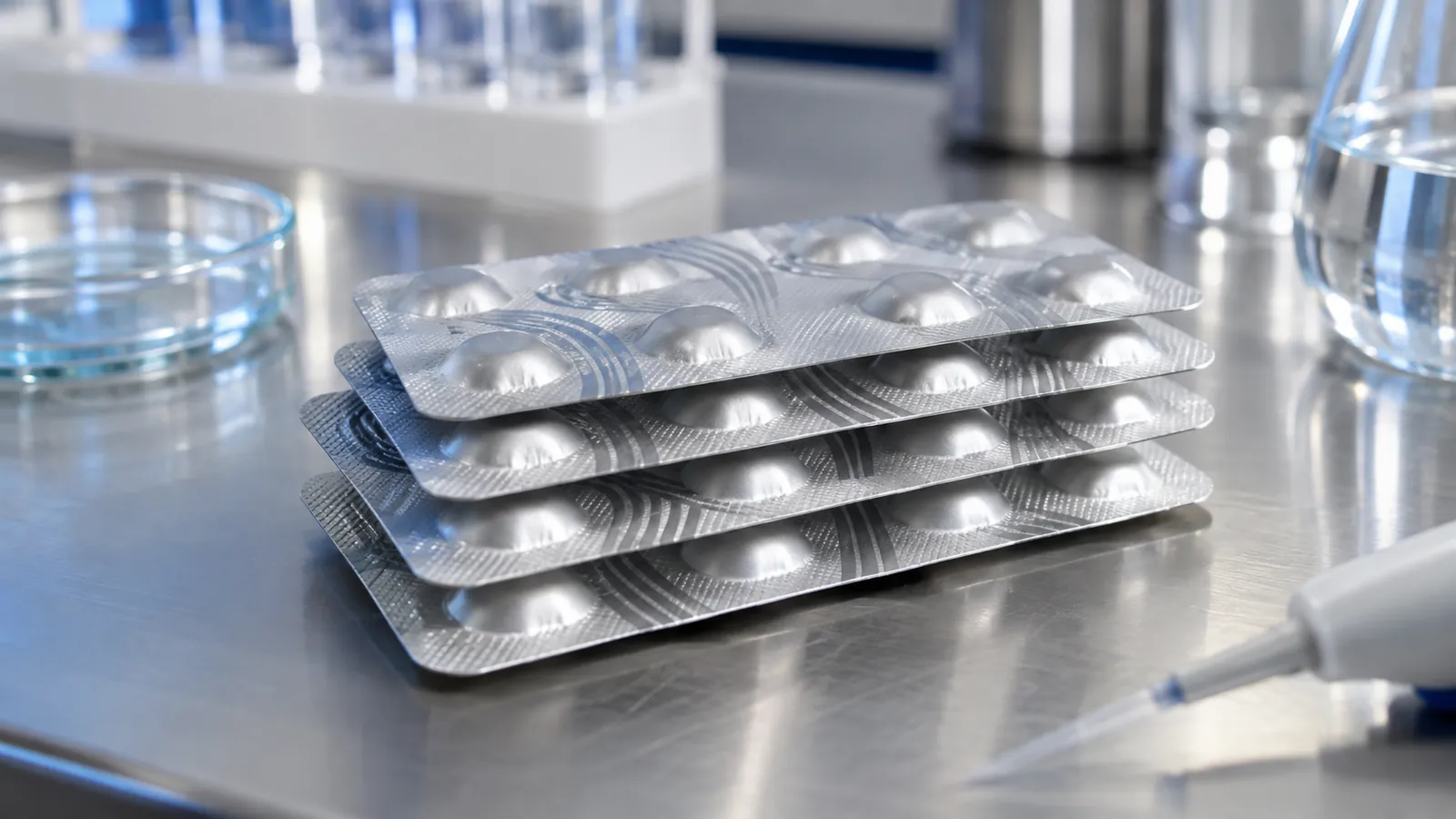Stack of full-foil alu-alu blister cards on a lab bench