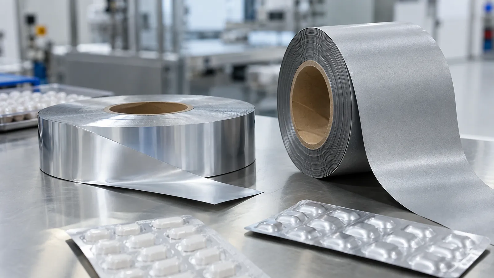 Two foil rolls and finished foil blister strips on a pharmaceutical packaging bench