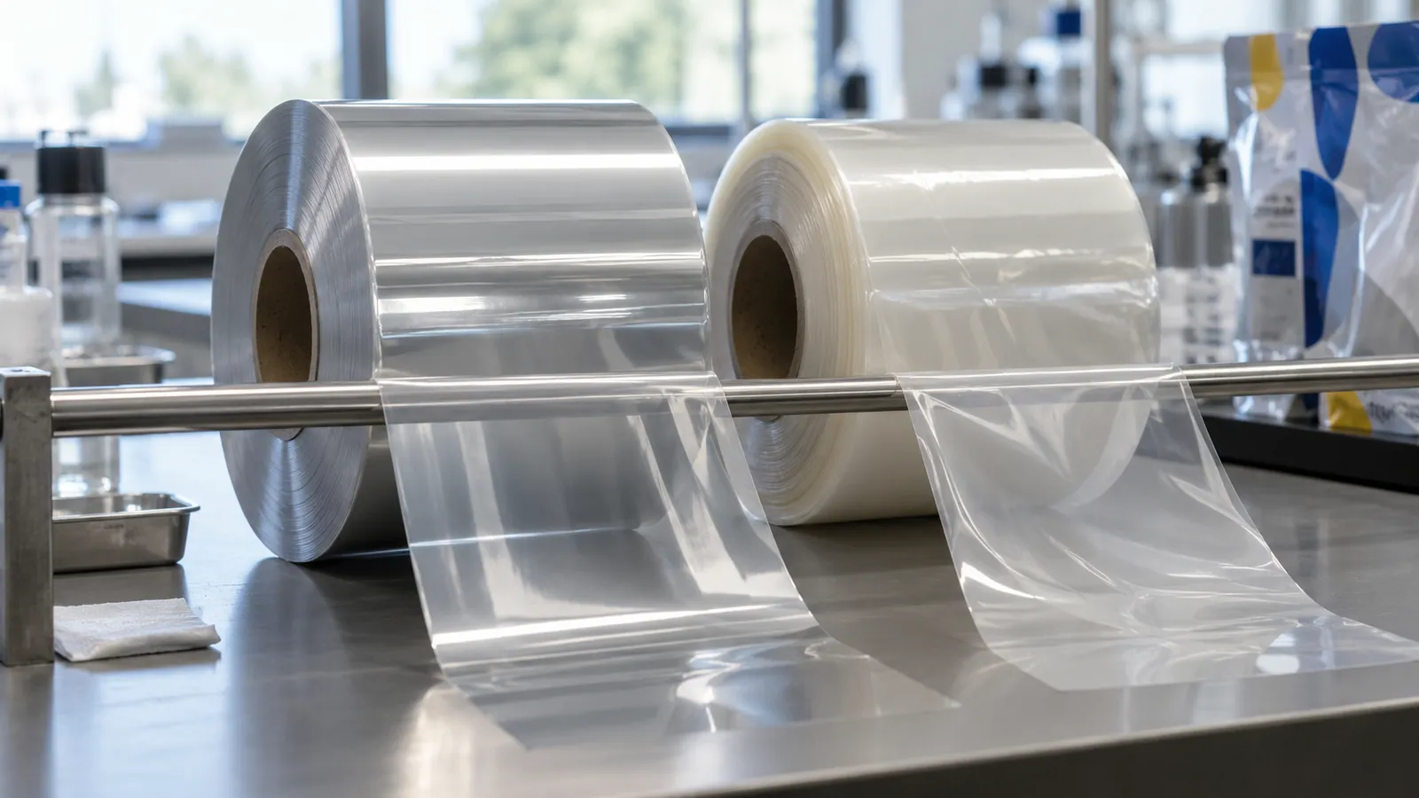 Two rolls of polypropylene film side by side on a laboratory bench