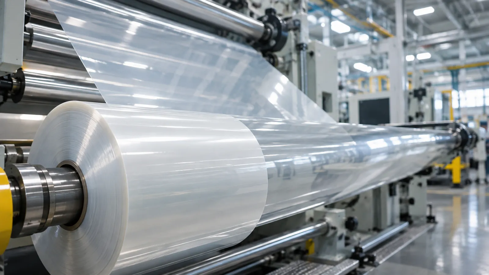 Clear cast polypropylene film running over rollers on a production line