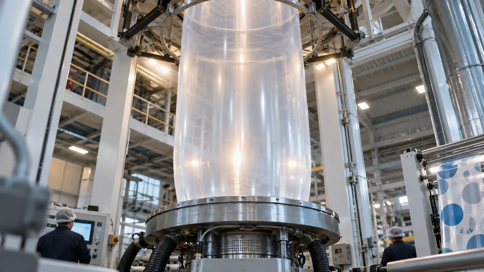 Blown coextrusion film bubble rising in an extrusion tower