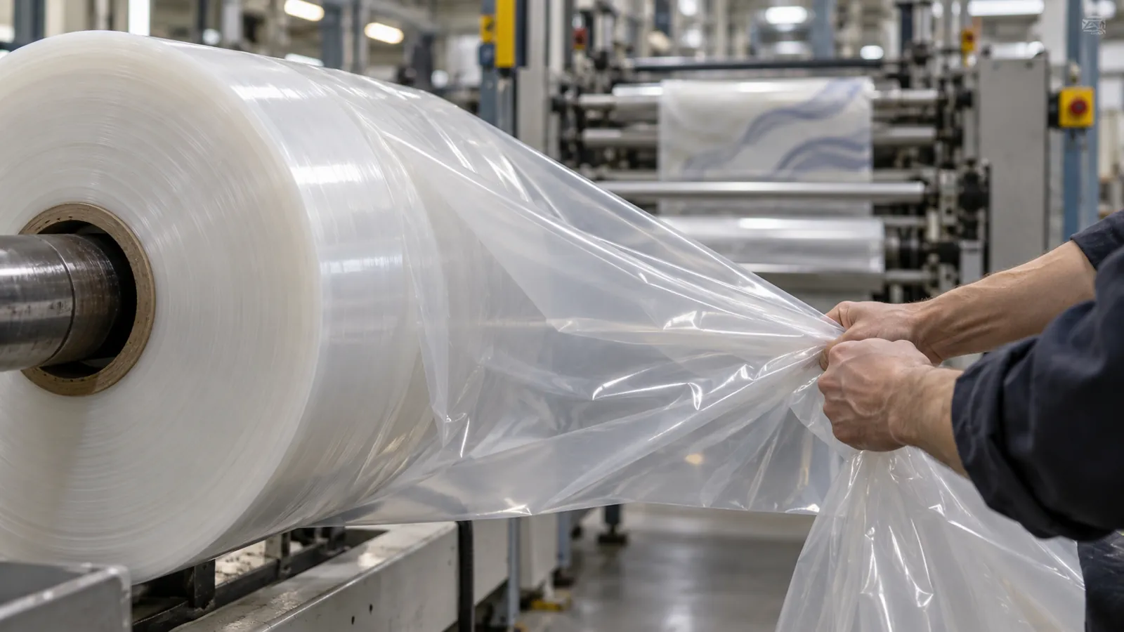 Roll of translucent HDPE film on a converting line