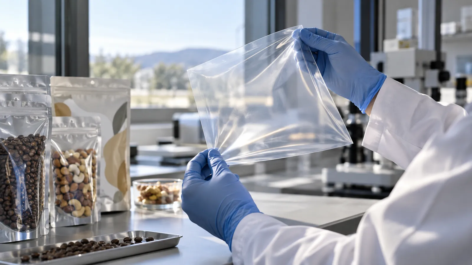 Transparent high-barrier film sample held up to the light in a packaging laboratory