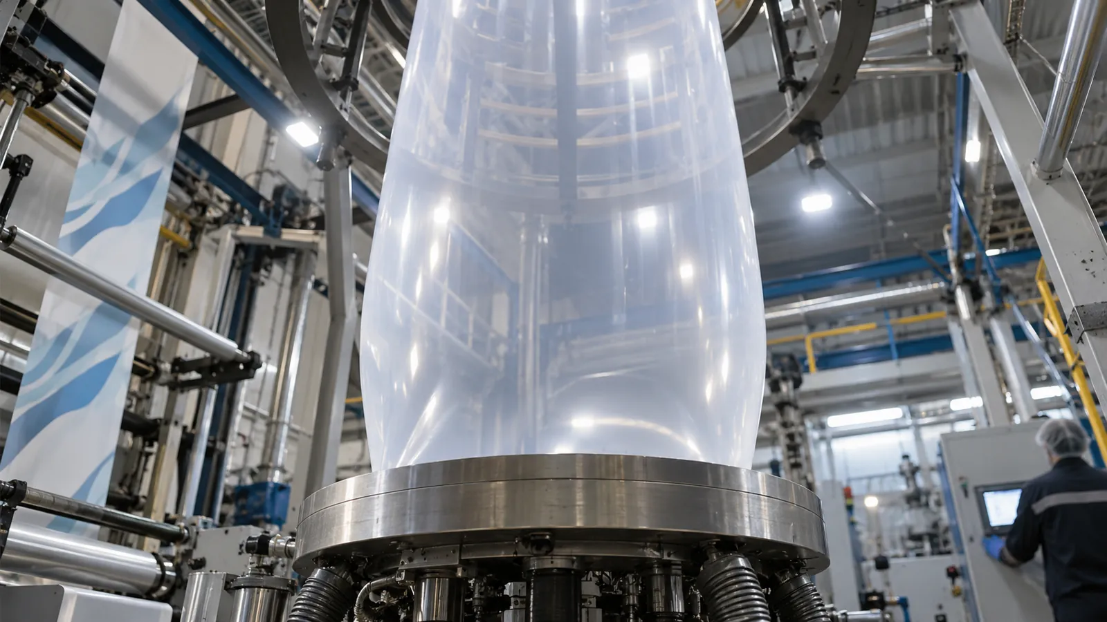 Blown film tower with a translucent polyethylene bubble rising from the die