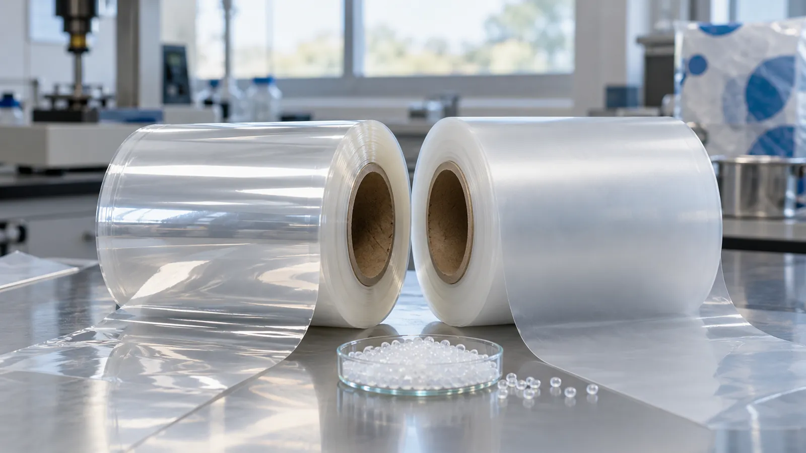 Two rolls of polyethylene film and a dish of resin pellets on a lab bench