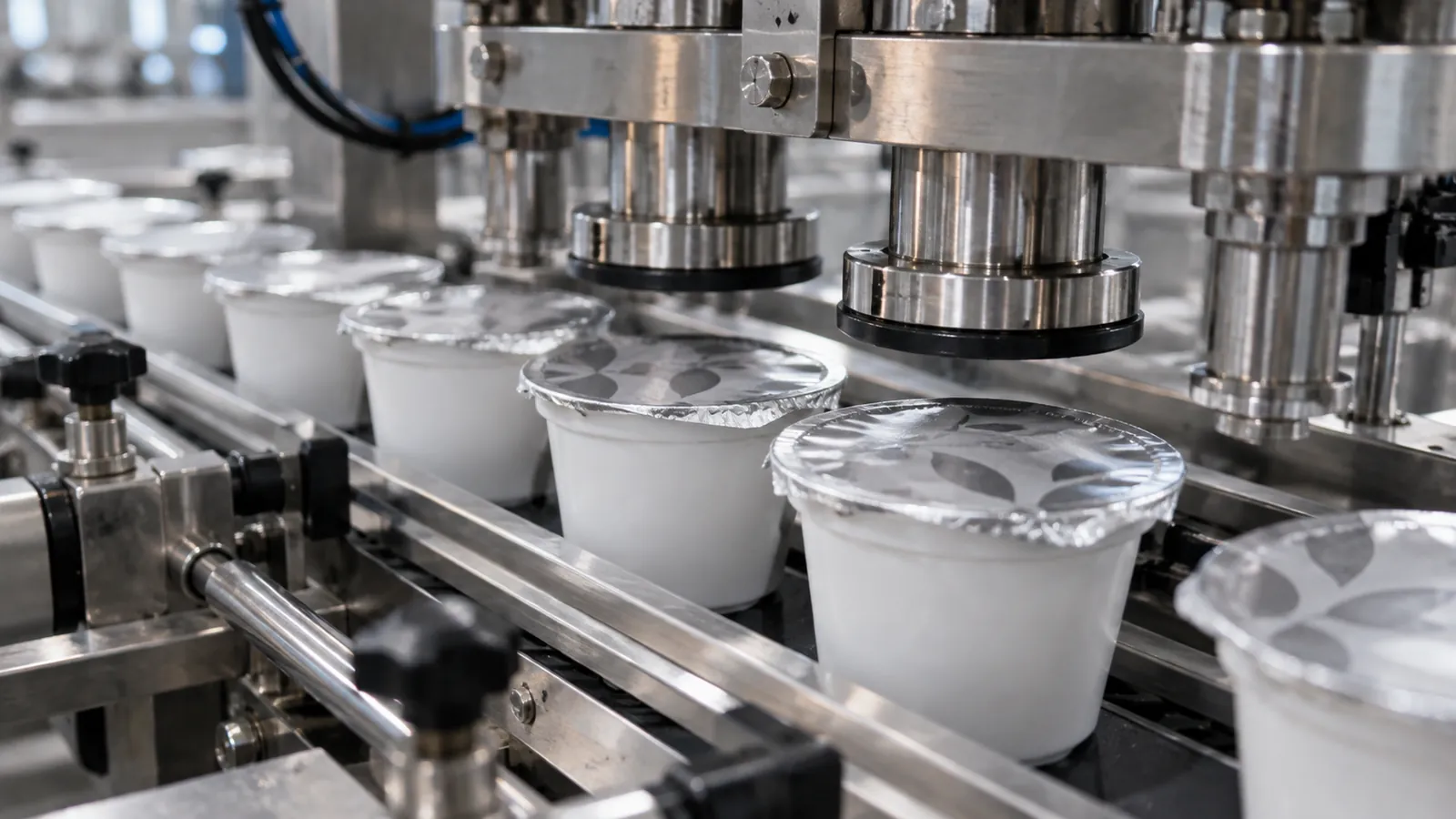 Plastic cups sealed with aluminum foil lids on a filling line