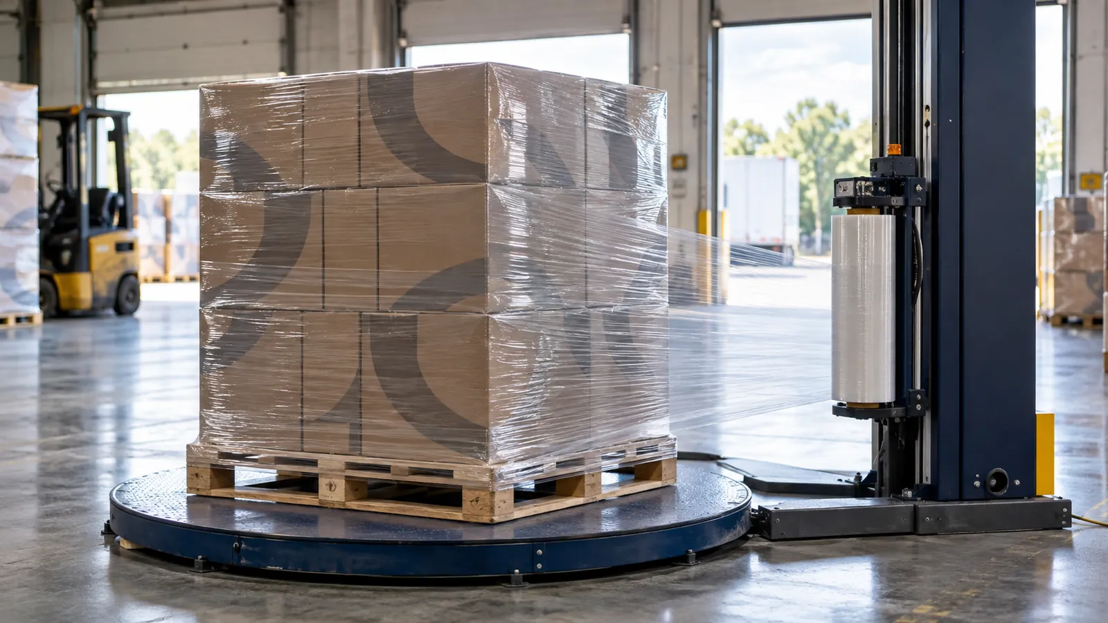 Pallet of boxes being wrapped with clear stretch film in a warehouse