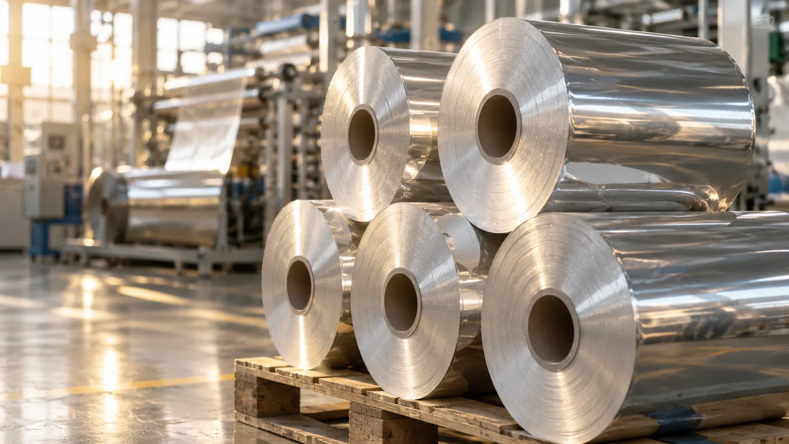 Rolls of shiny metallized packaging film in a converting plant