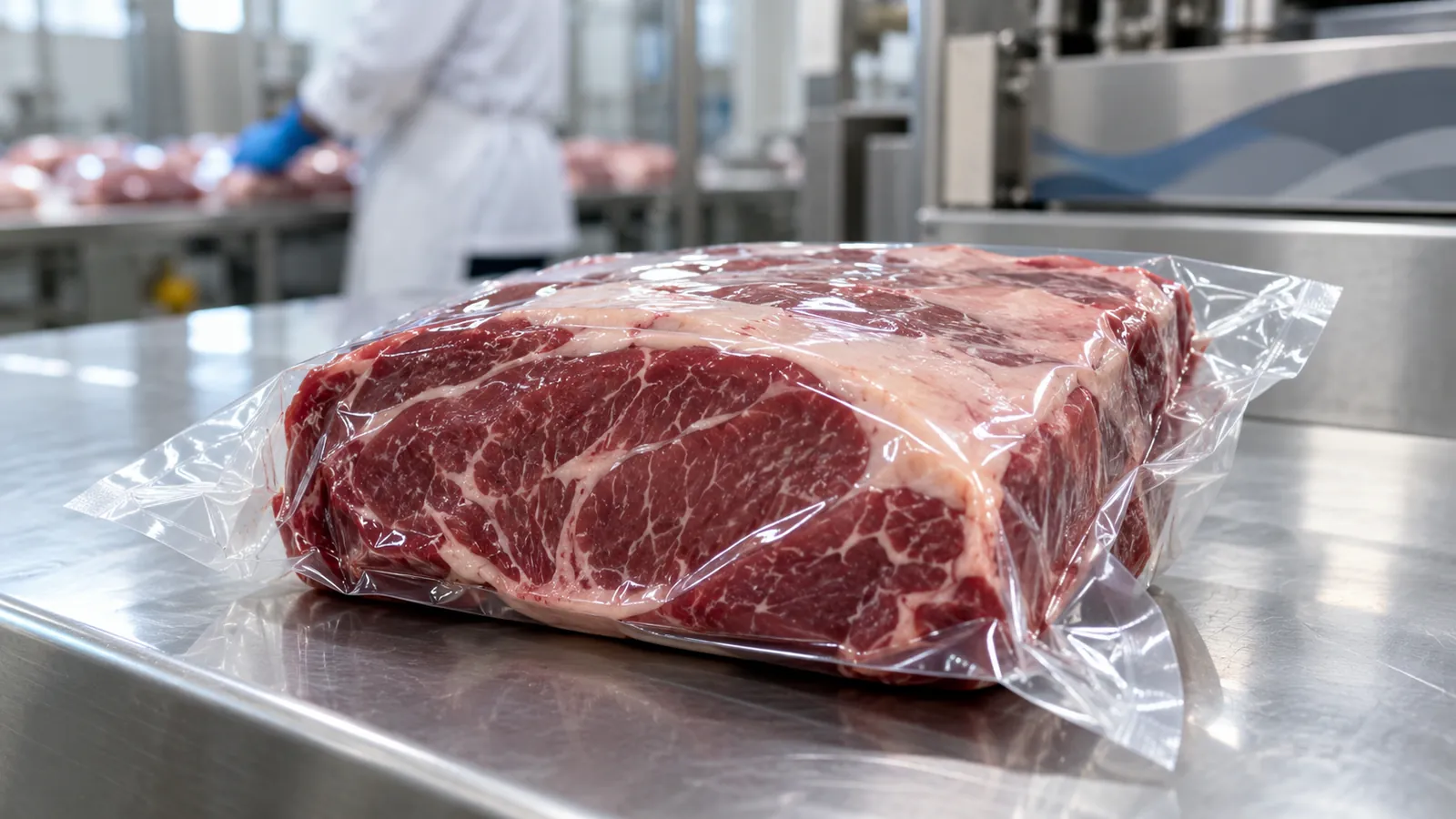 Vacuum-packed meat pouch on a stainless steel table