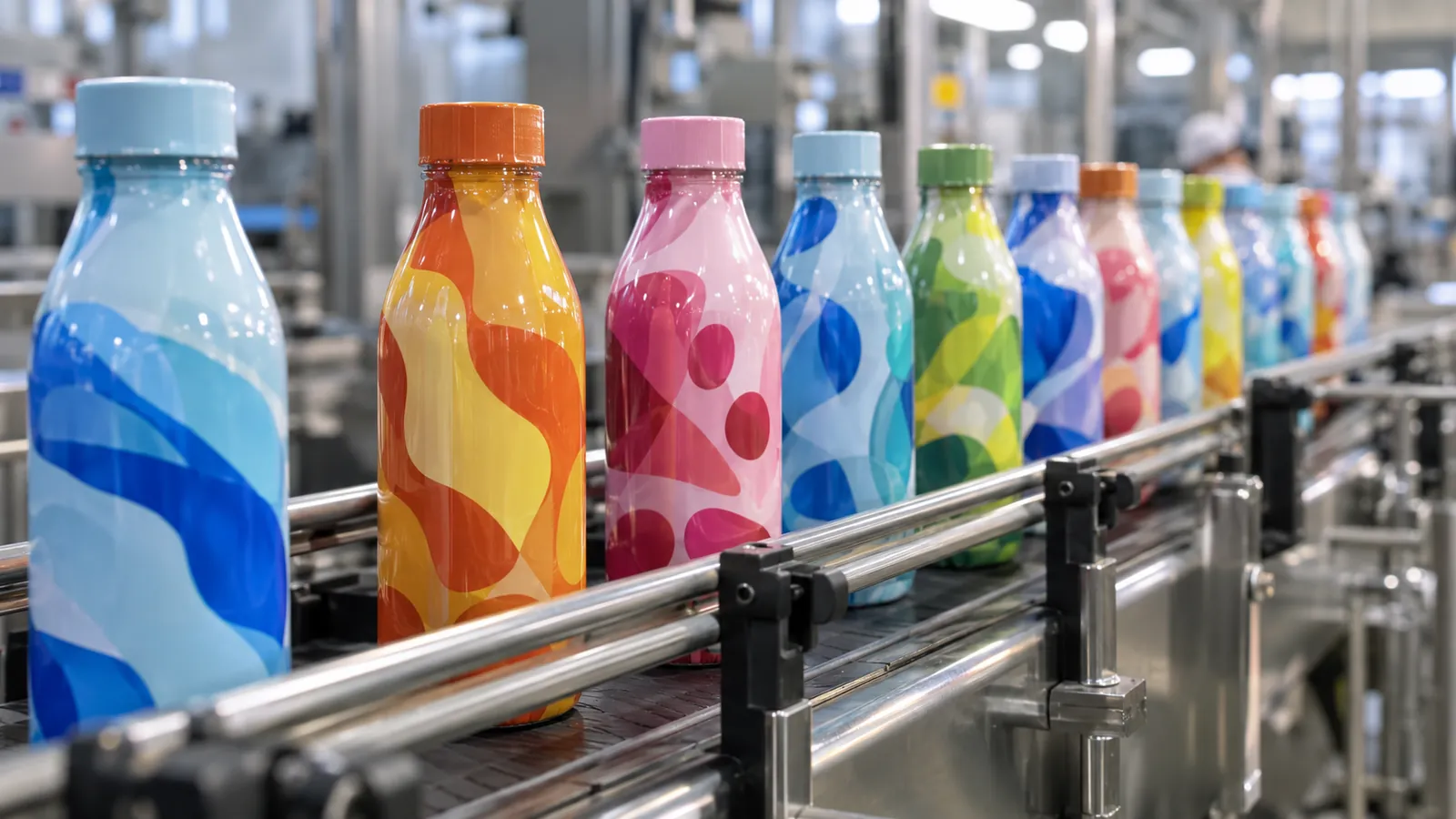Bottles on a conveyor wearing printed full-body shrink sleeves