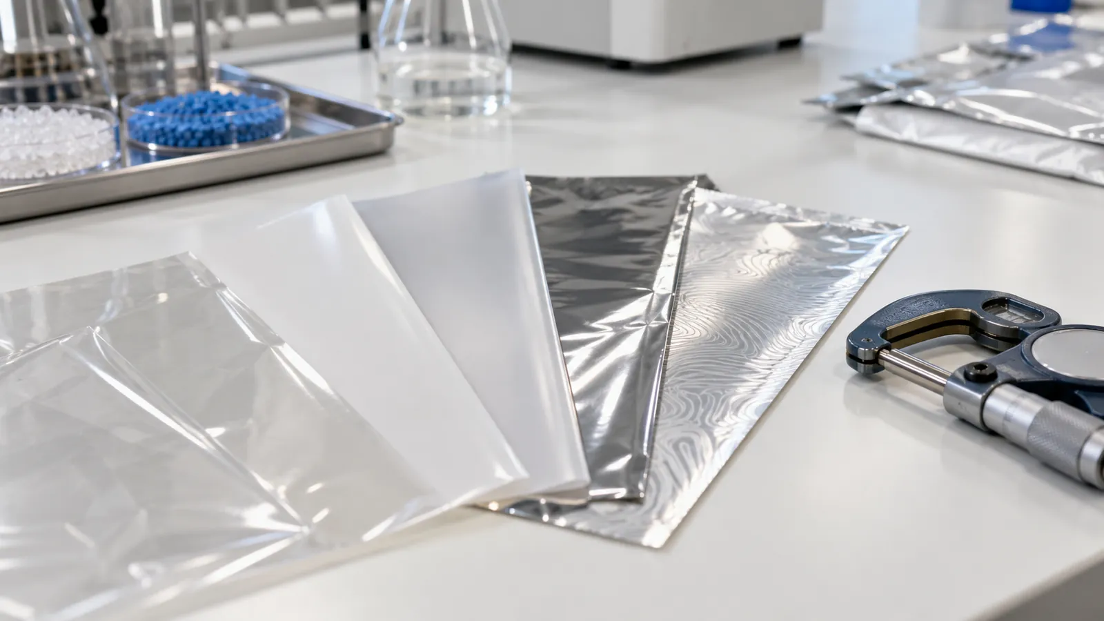 Clear, white, matte, metallized and foil laminate film samples fanned out on a lab bench