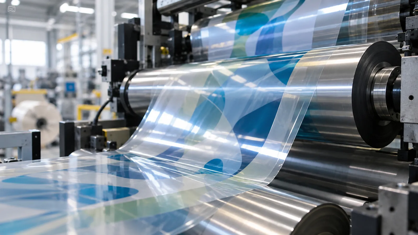 Clear PET film running through printing press rollers