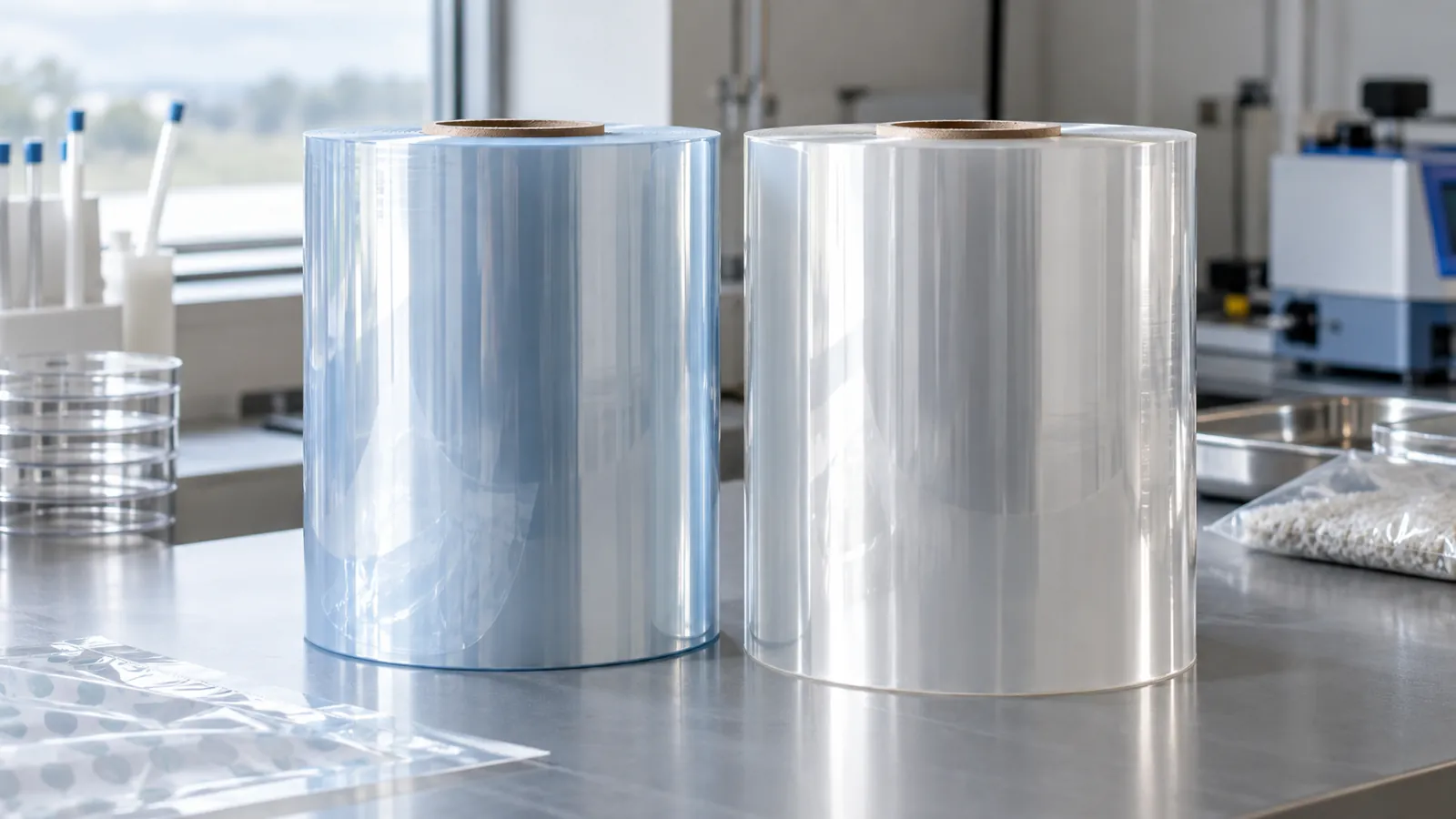 Two rolls of clear packaging film side by side on a laboratory bench