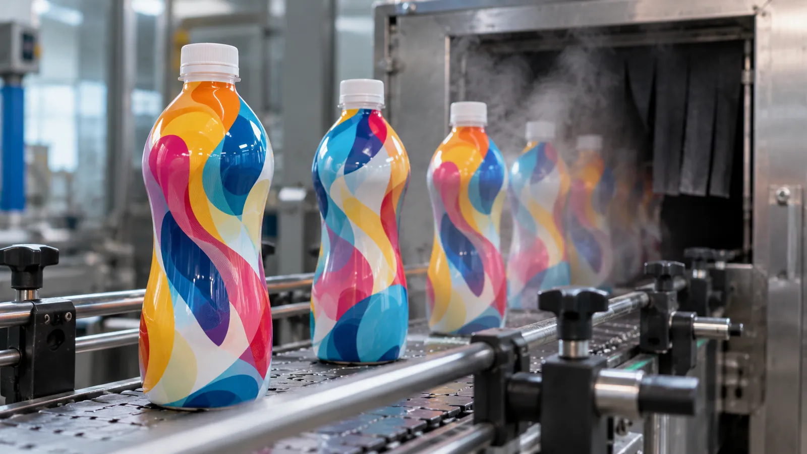 Bottles with full-body shrink sleeves leaving a steam shrink tunnel