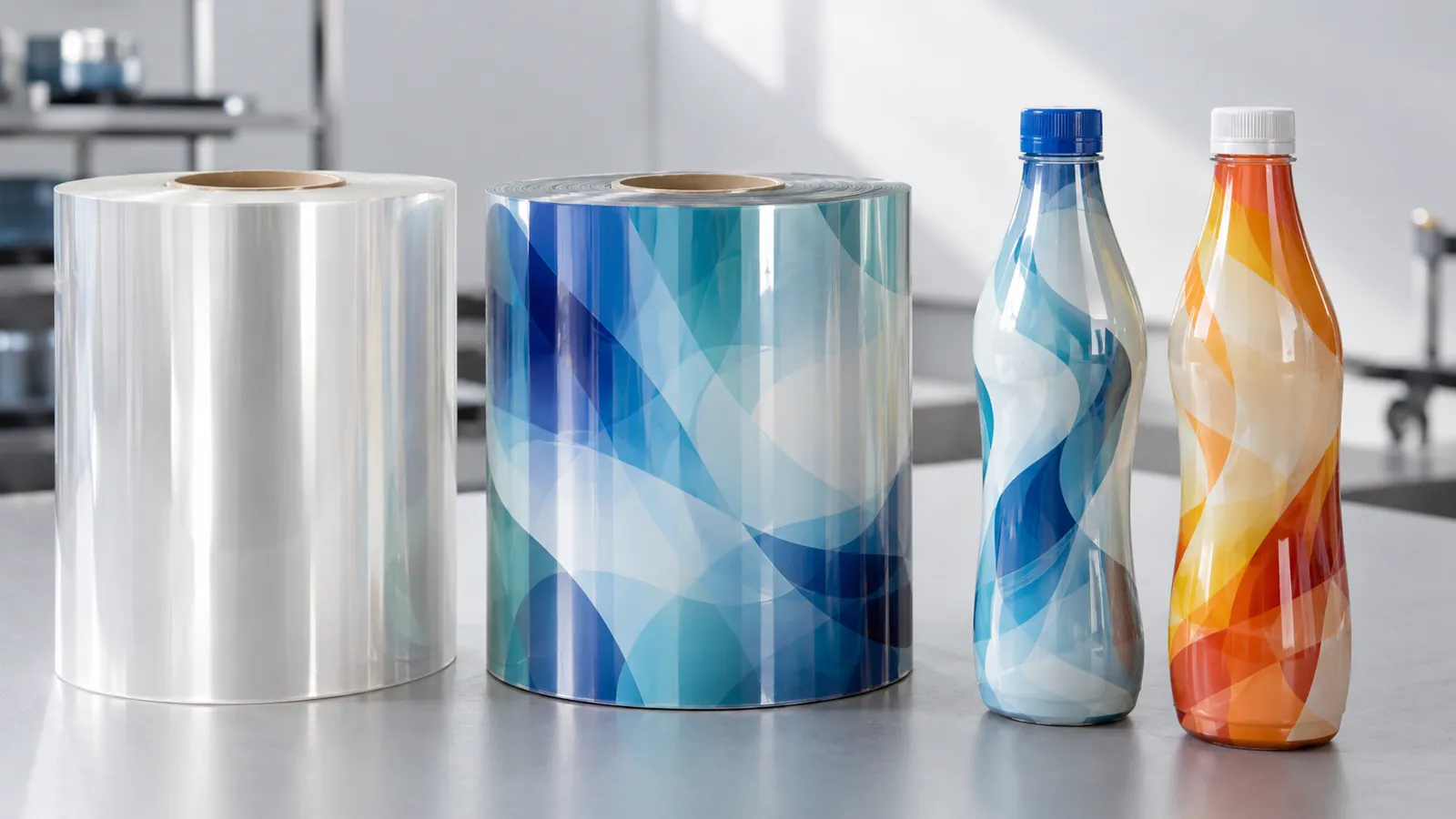 Two rolls of shrink sleeve film next to bottles wearing finished sleeves