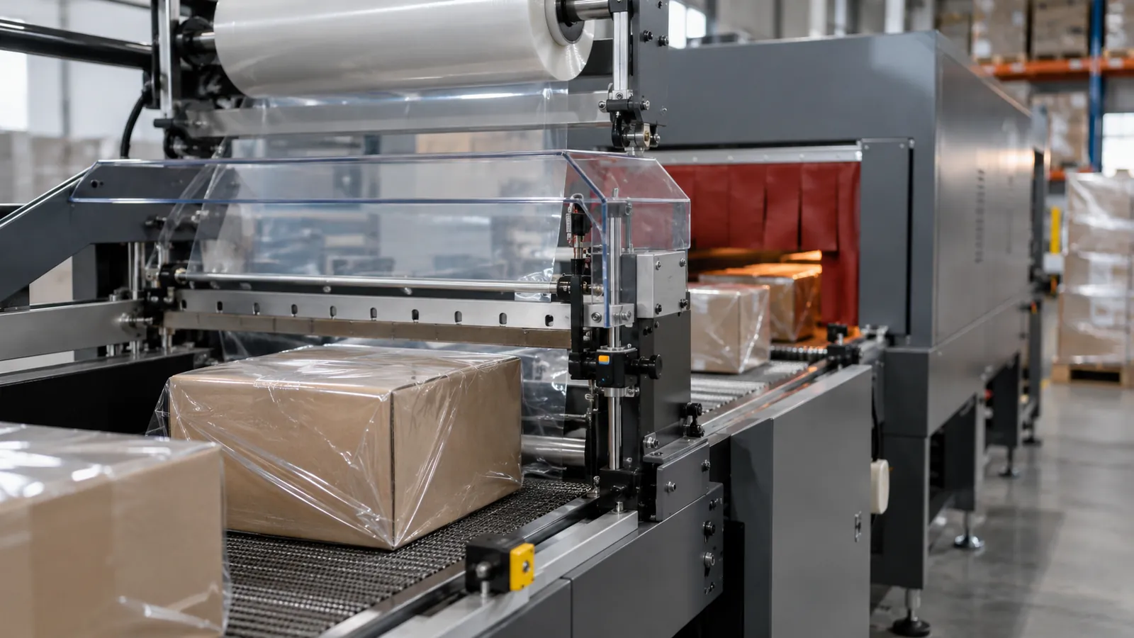 L-bar sealer and shrink tunnel wrapping boxes in polyolefin shrink film