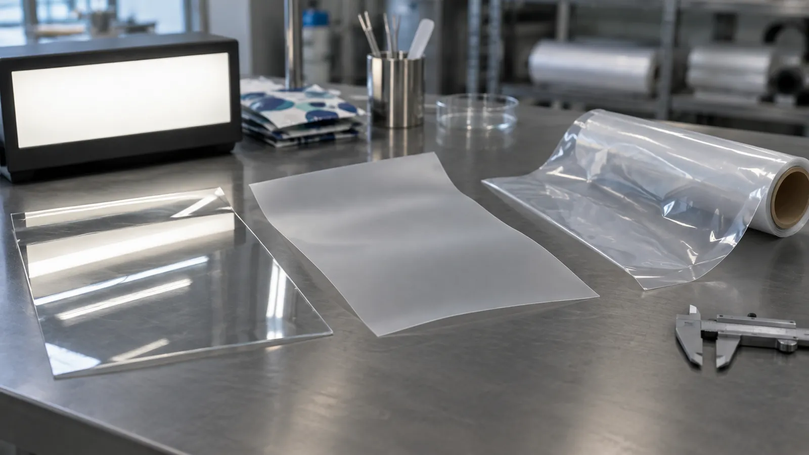 Three polypropylene film samples side by side on a laboratory bench
