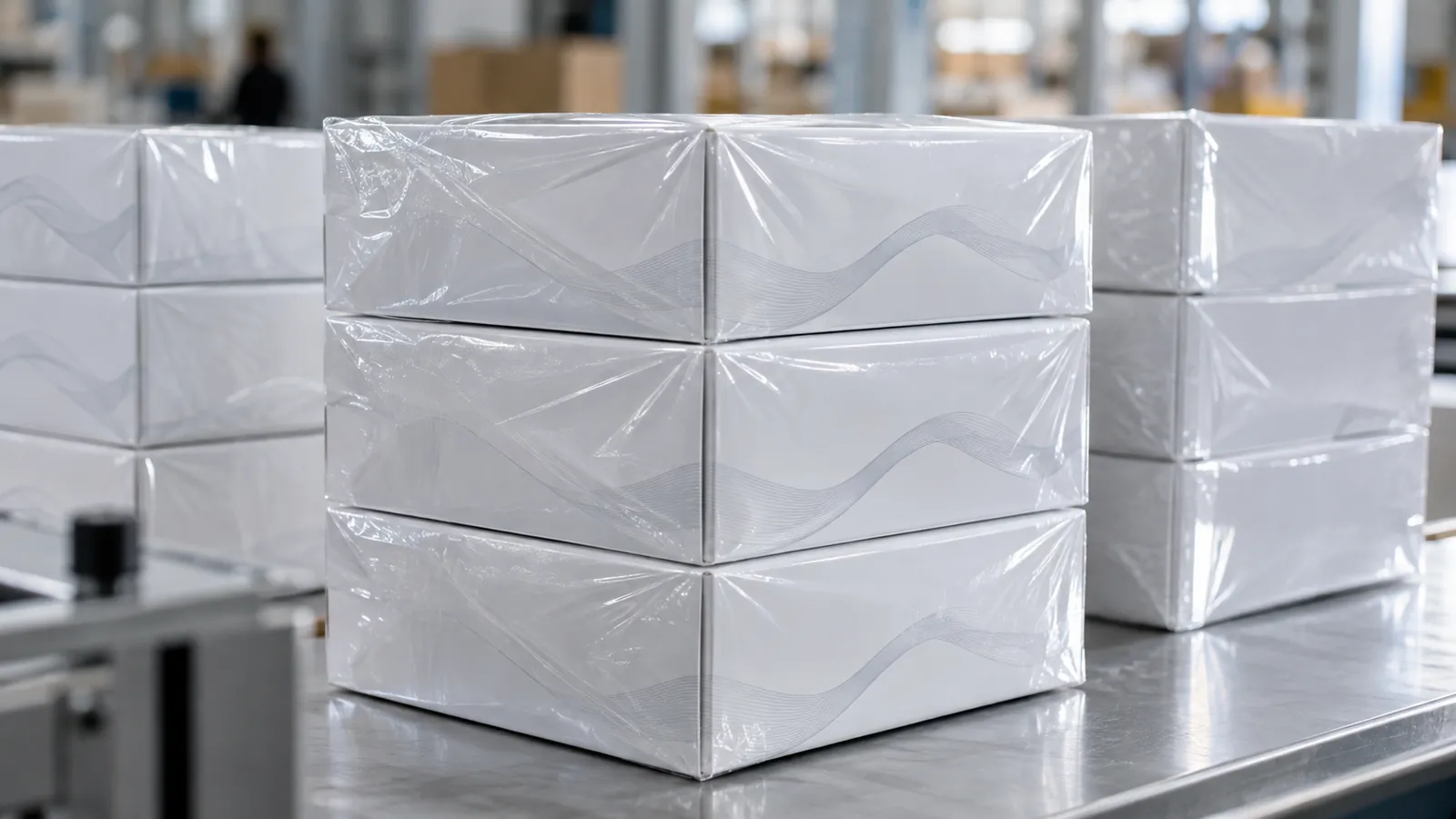 Plain boxes overwrapped in clear glossy shrink film