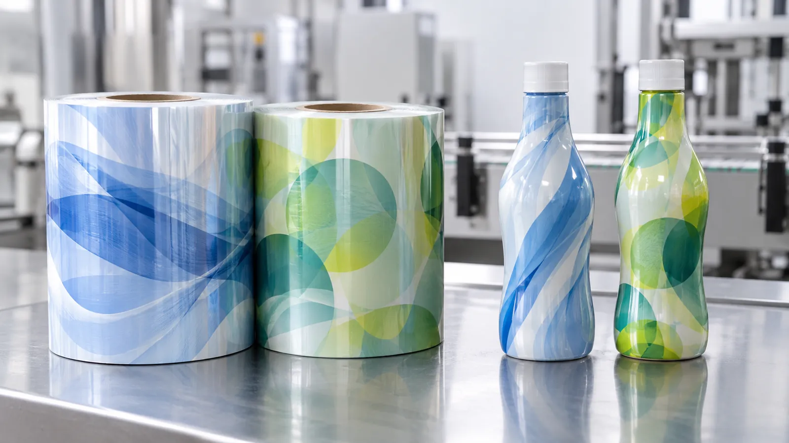 Two shrink film rolls beside contoured bottles with shrunk sleeves