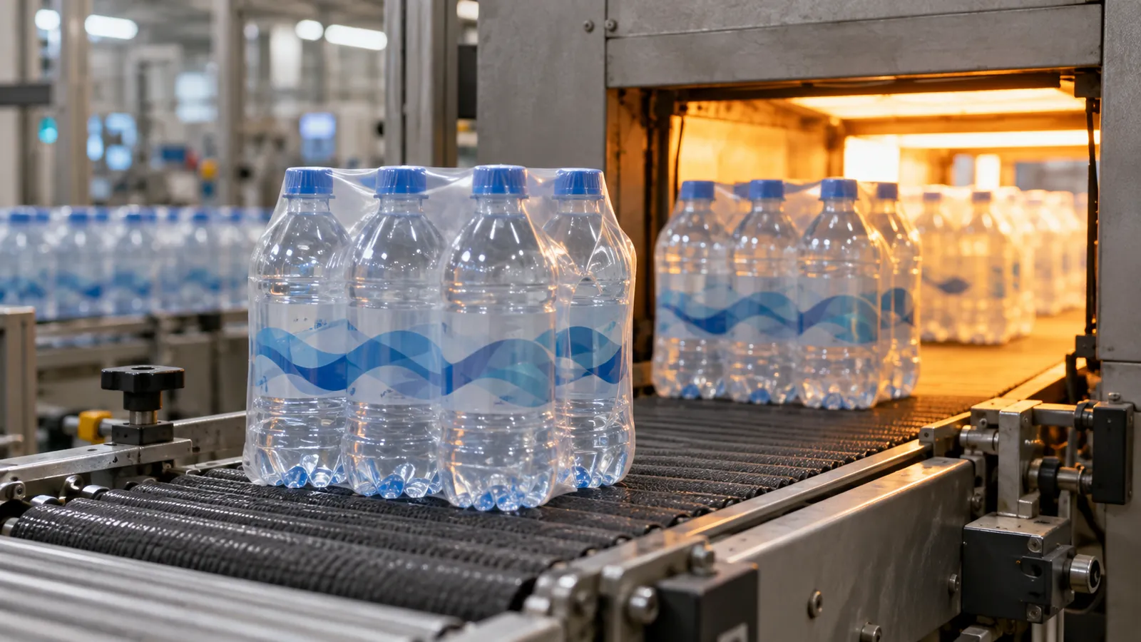 Shrink-wrapped bottle multipacks leaving a heat shrink tunnel