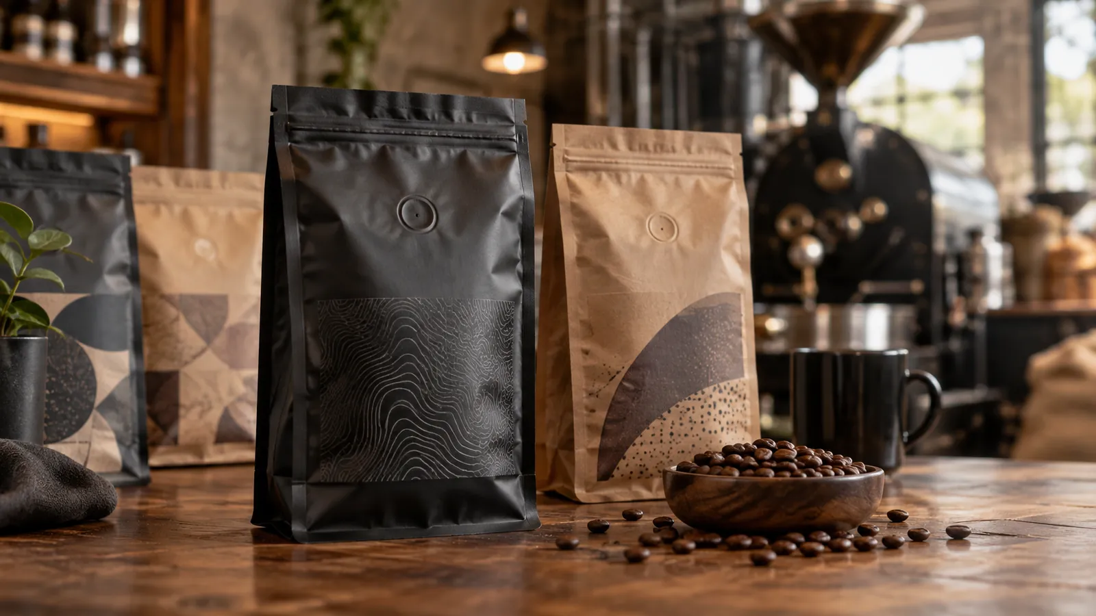Illustration of generic coffee pouches beside roasted beans, not SunDance products
