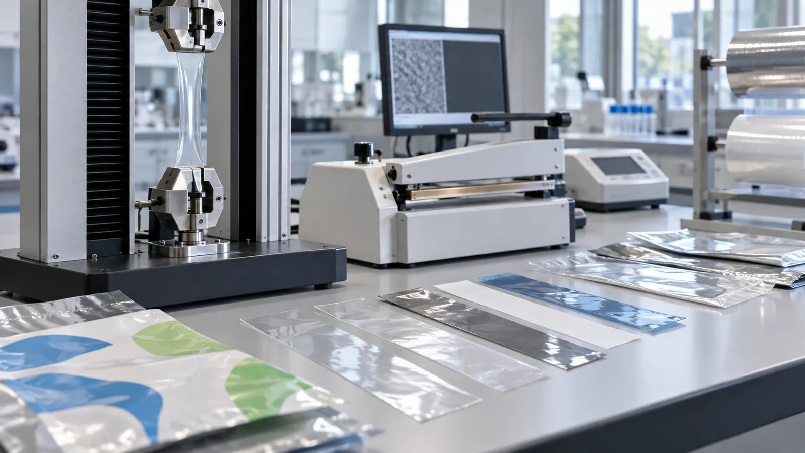 Packaging film testing laboratory with a tensile tester and heat sealer