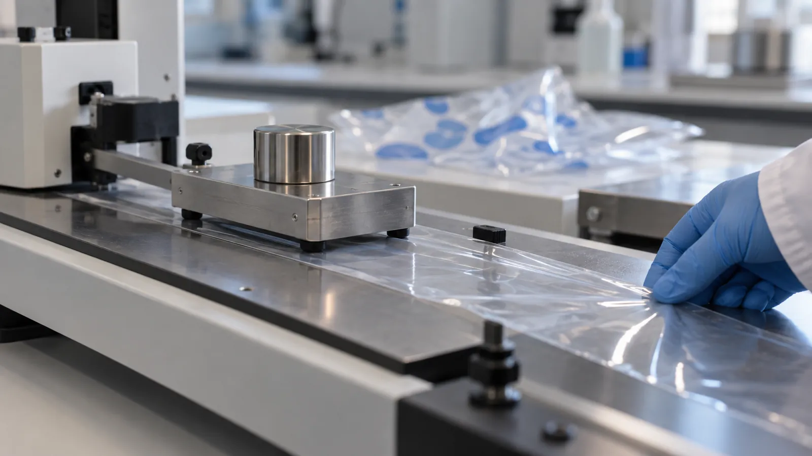 Friction tester with a weighted sled on a strip of packaging film