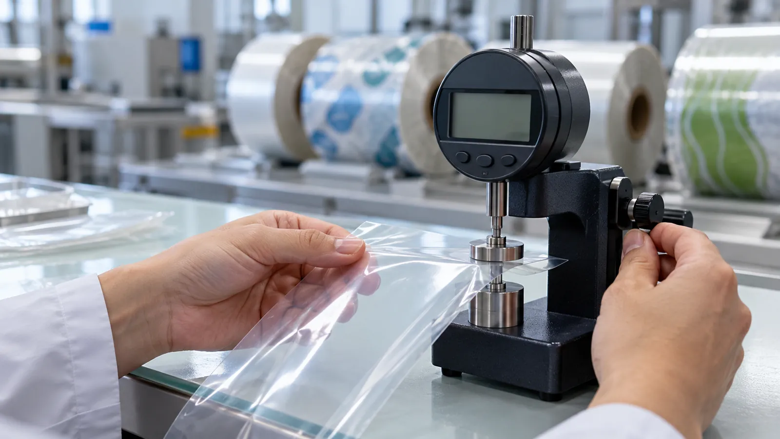 Digital micrometer measuring the thickness of a packaging film sample