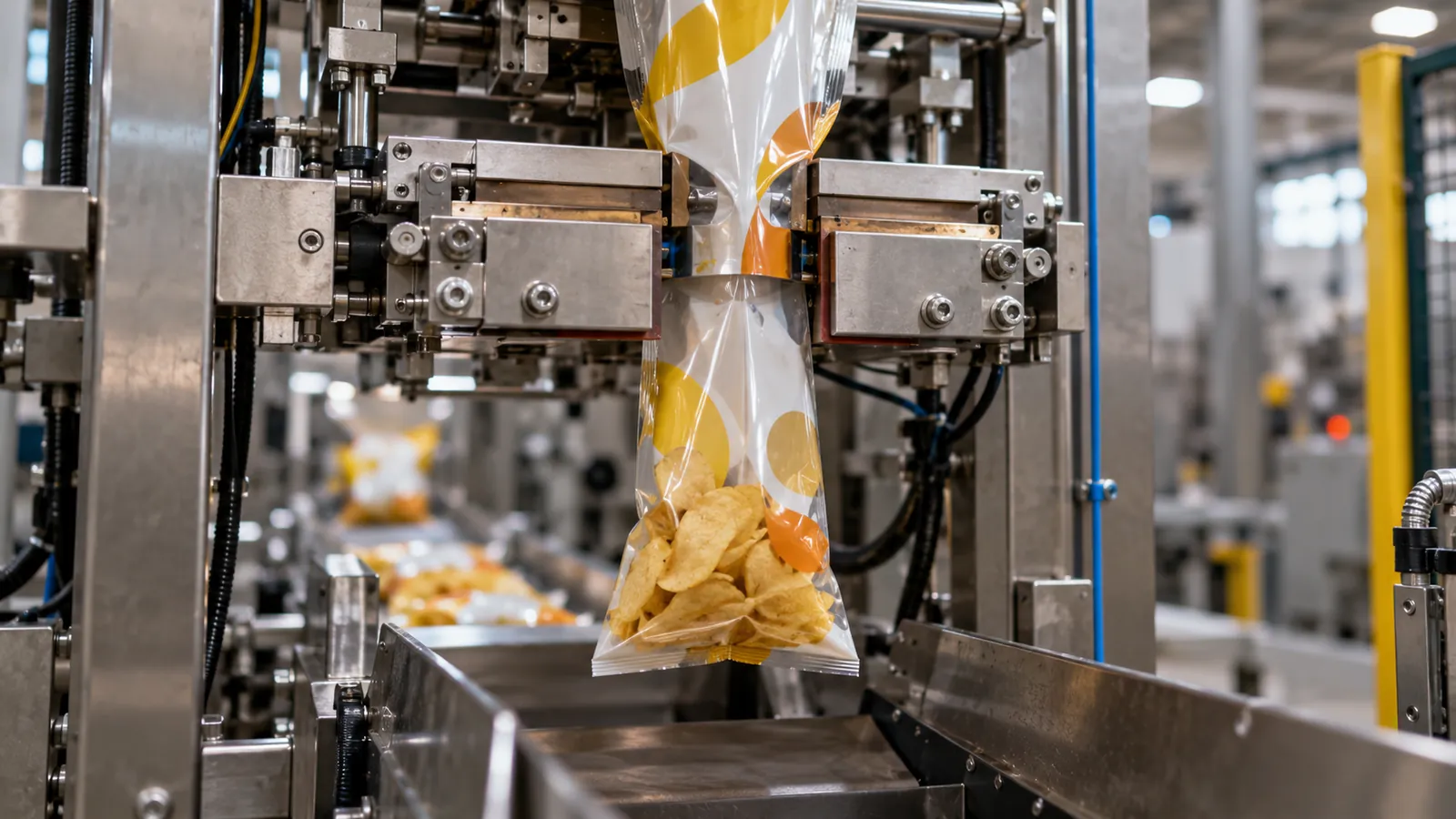 VFFS machine dropping product onto a freshly made bottom seal