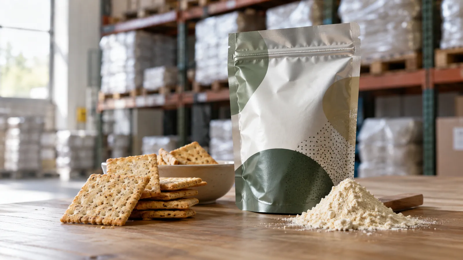 Crackers, powder and a foil pouch on a wooden surface