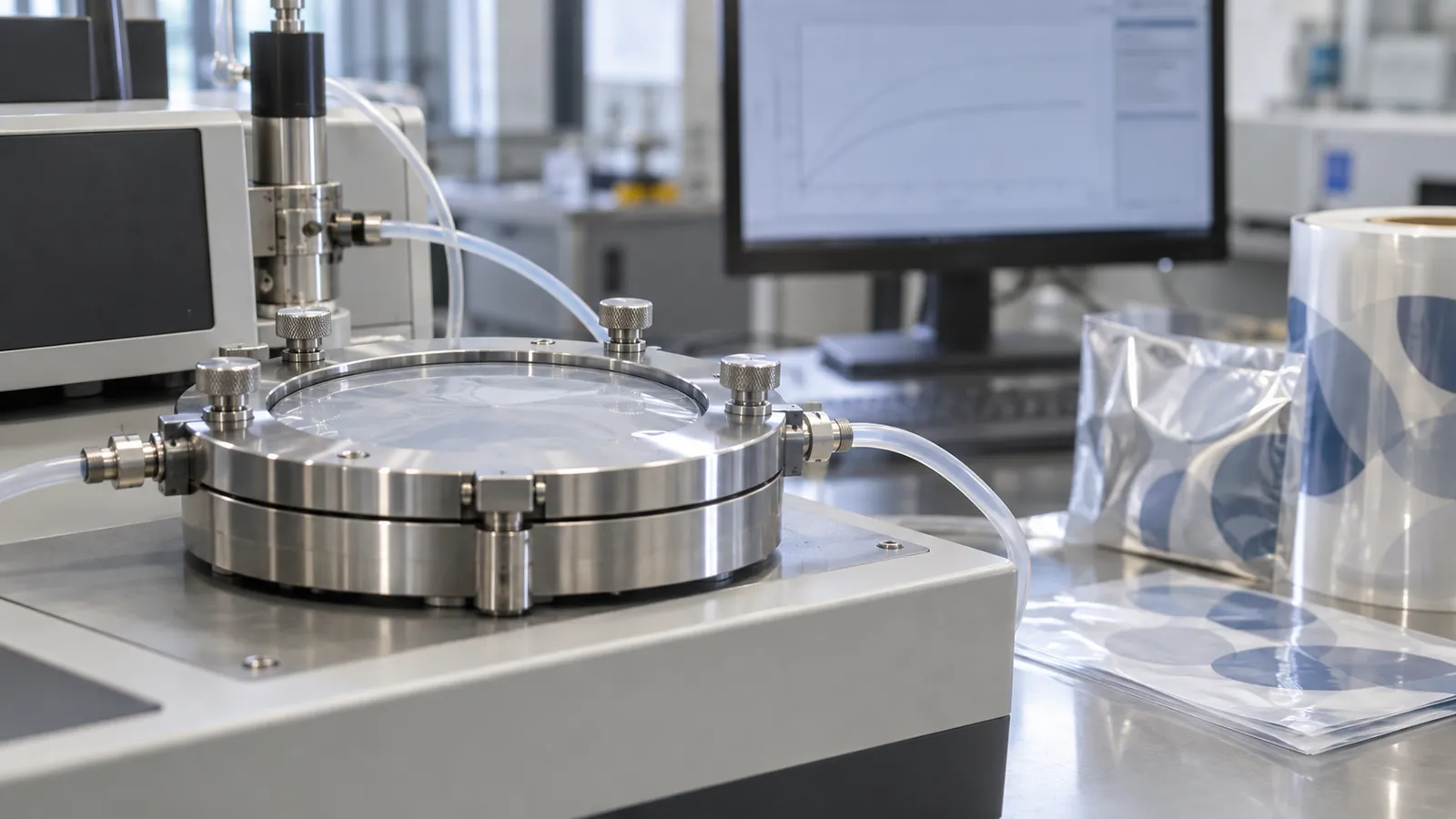 Film sample clamped in a gas permeation test cell