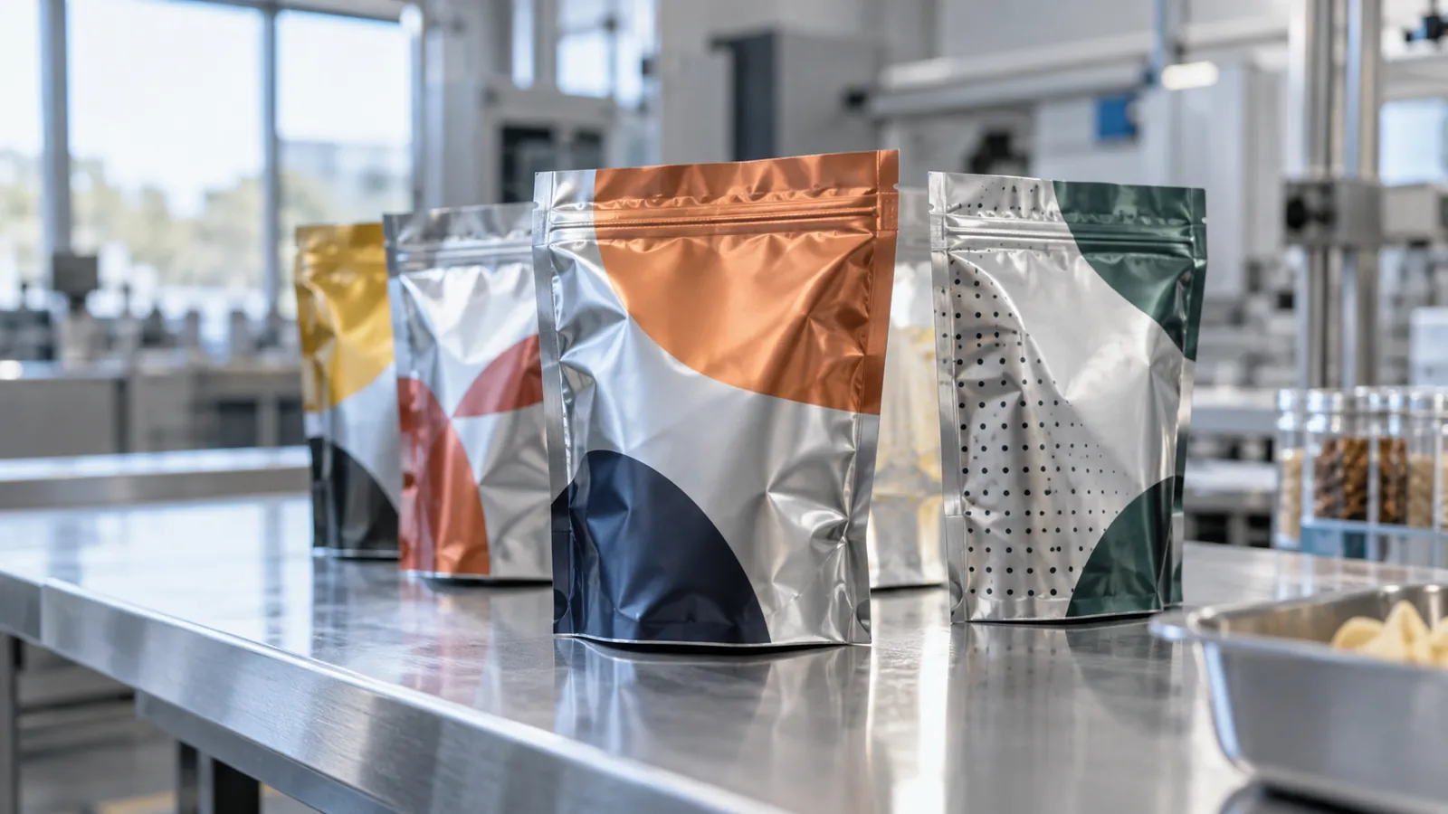 Sealed metallized pouches on a stainless steel table in a packaging lab