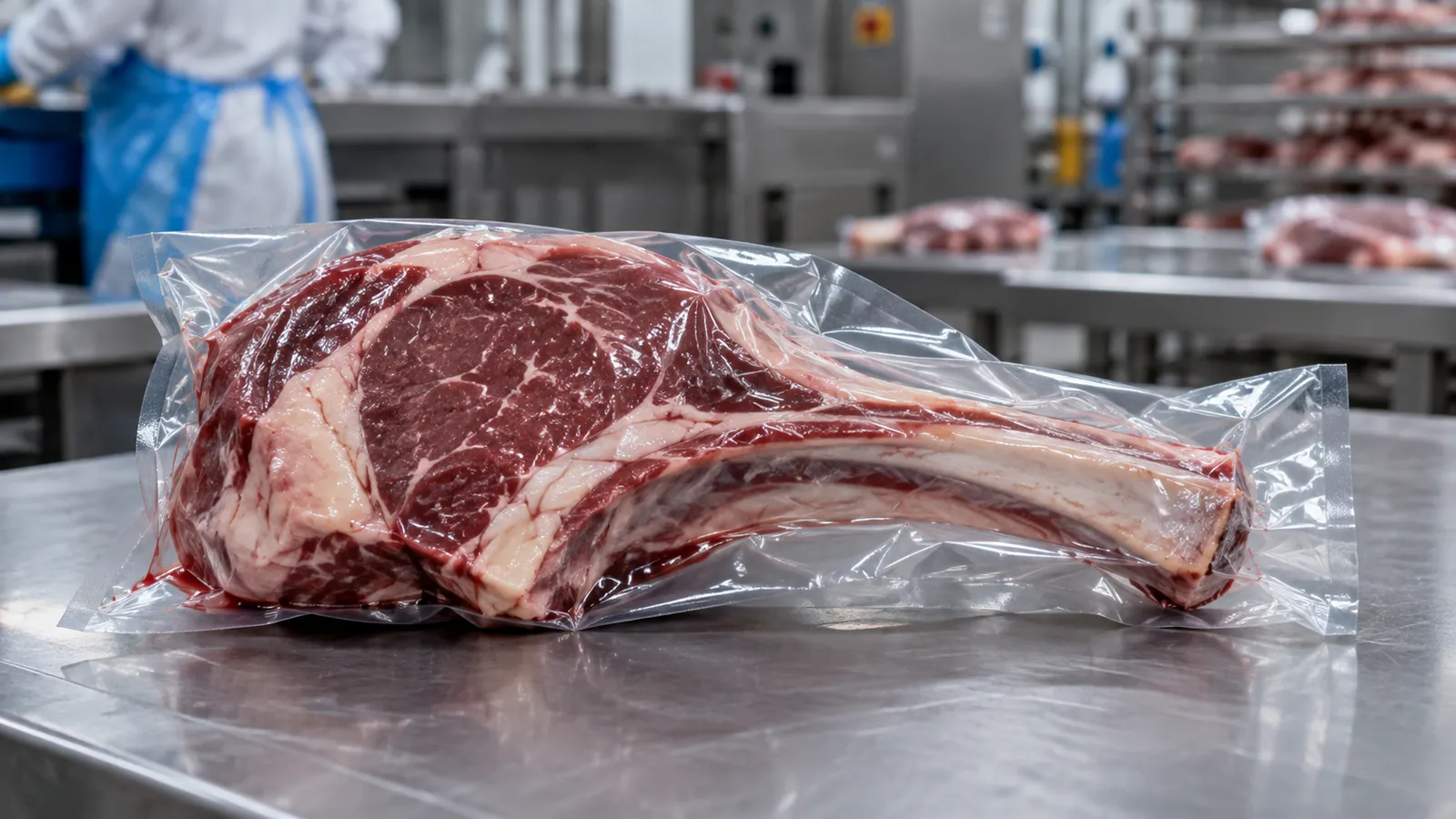 Vacuum-packed bone-in meat in clear film with bone ends pressing the film