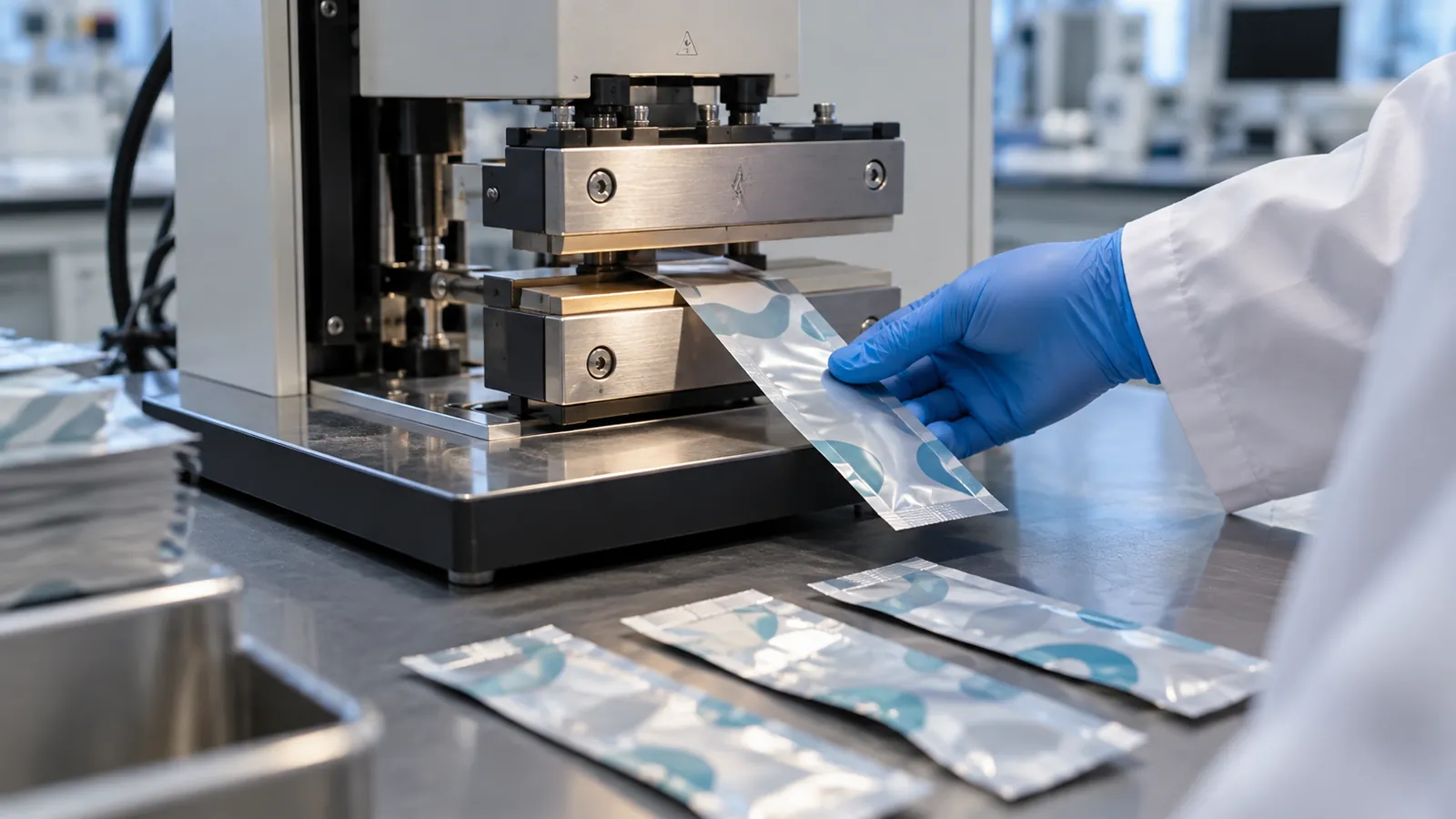 Laboratory heat seal tester sealing a strip of packaging film