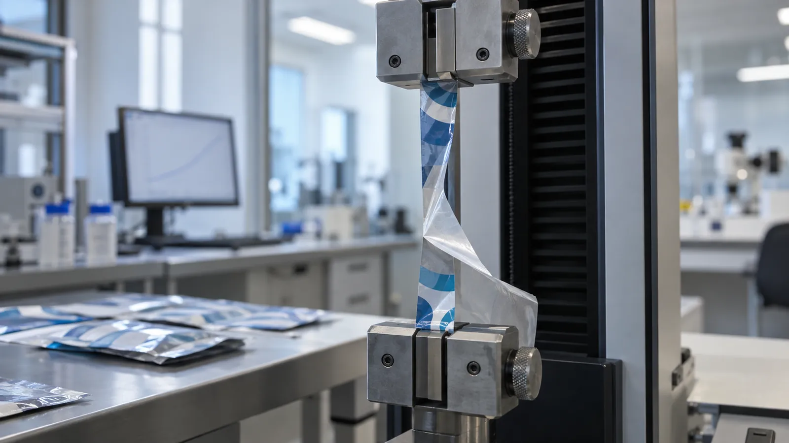 Tensile tester peeling a sealed film strip in a laboratory