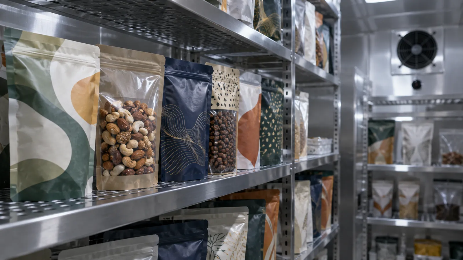 Sealed pouches on shelves in a storage chamber for shelf-life testing