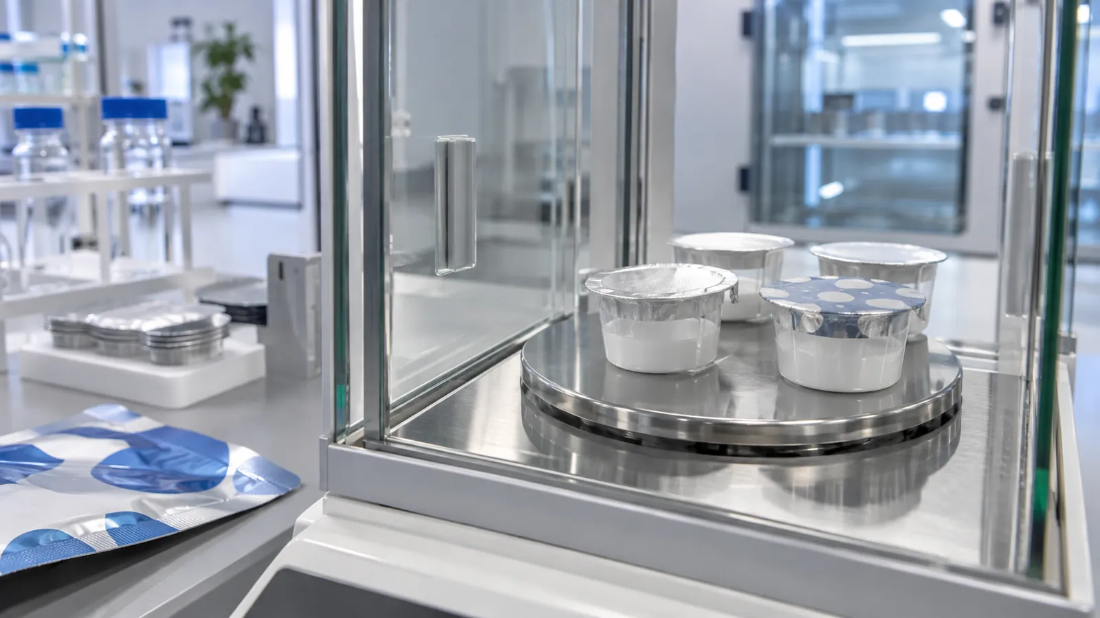 Water vapor transmission test cups with film samples on an analytical balance