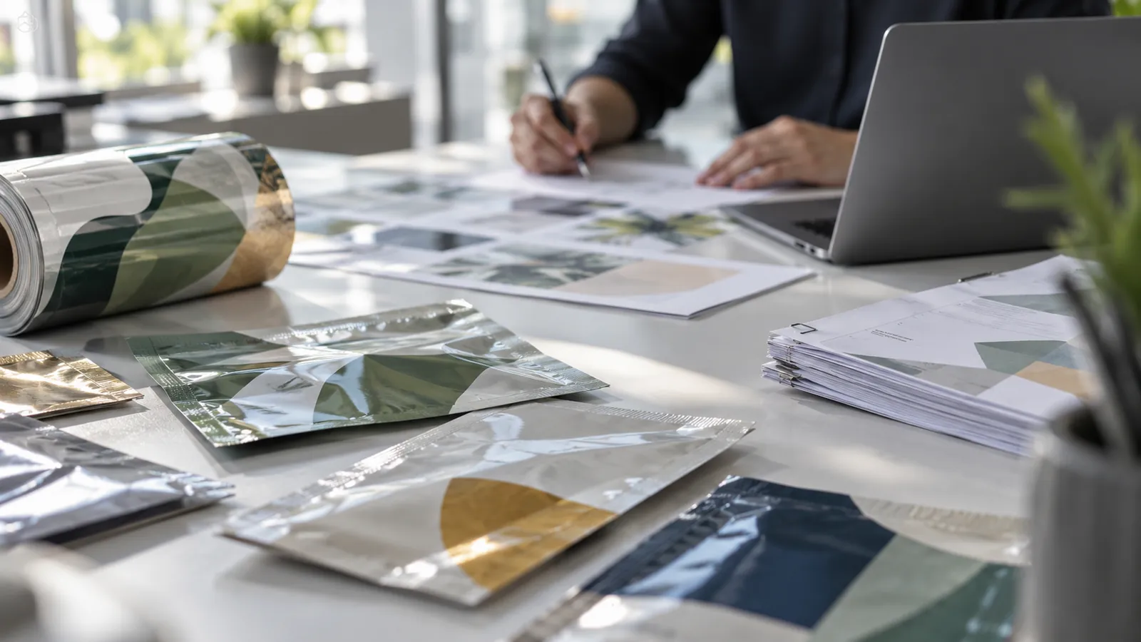 Desk with flexible film samples and paper documents during a packaging compliance review