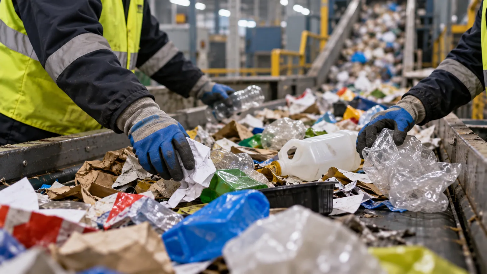 Mixed recyclables and plastic films on a sorting belt at a recycling facility