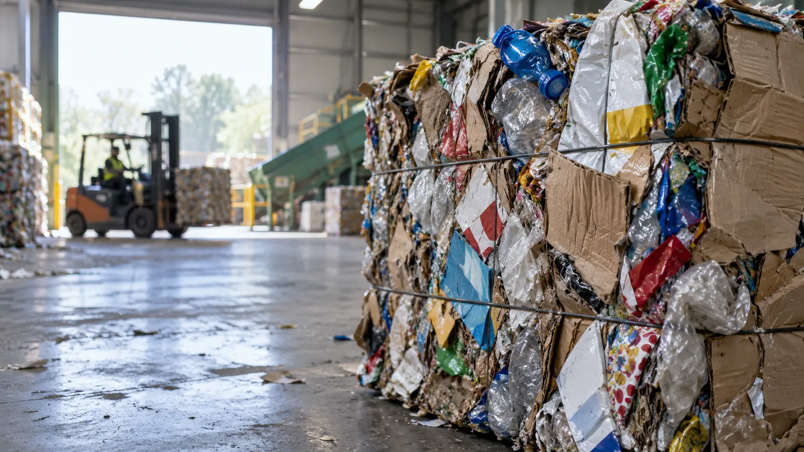 Bales of sorted packaging waste in a recycling depot
