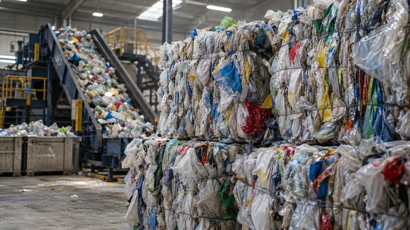 Bales of sorted plastic film waste in a recycling facility