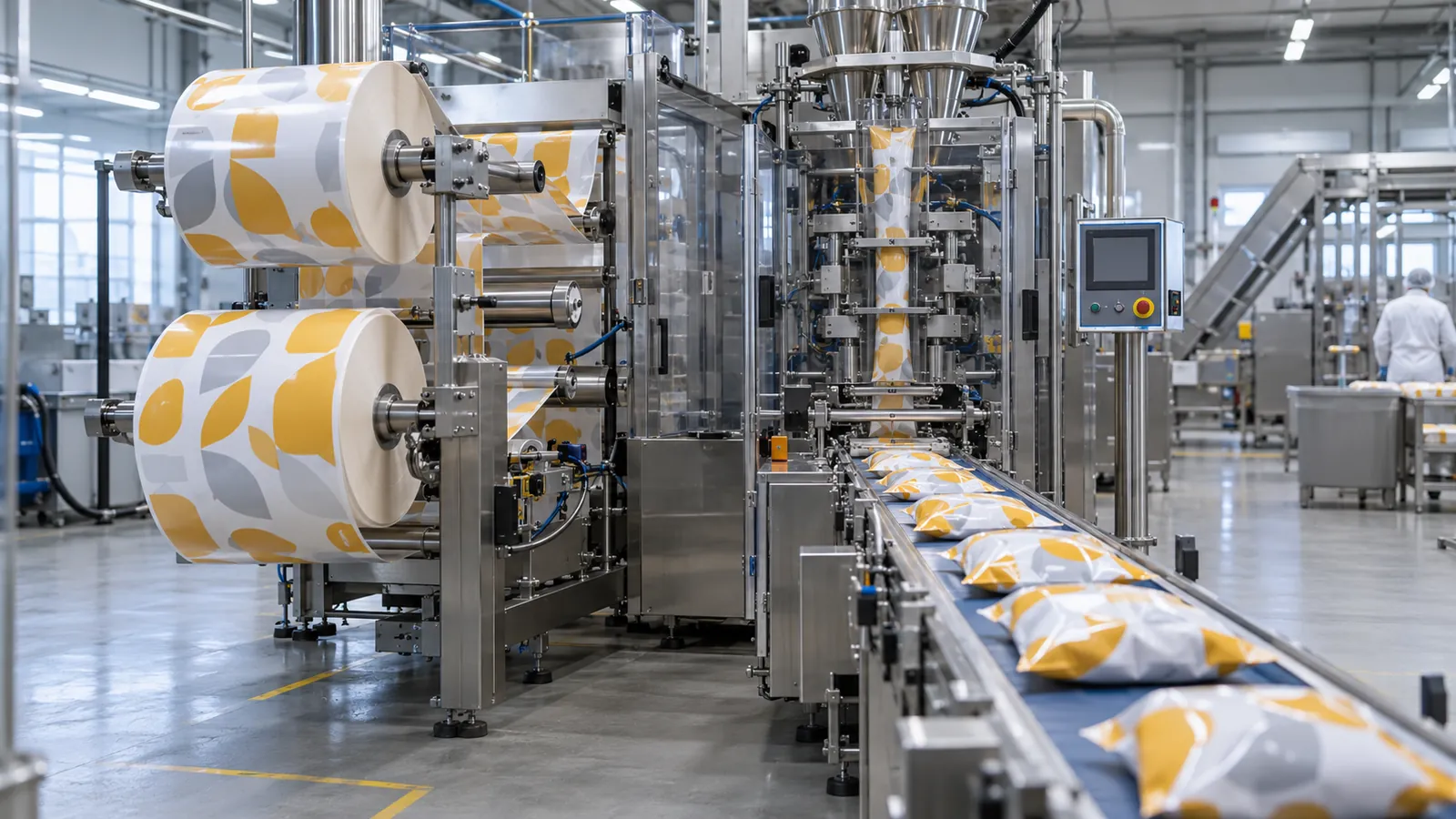 Packaging line filling flexible bags from film rolls on a conveyor