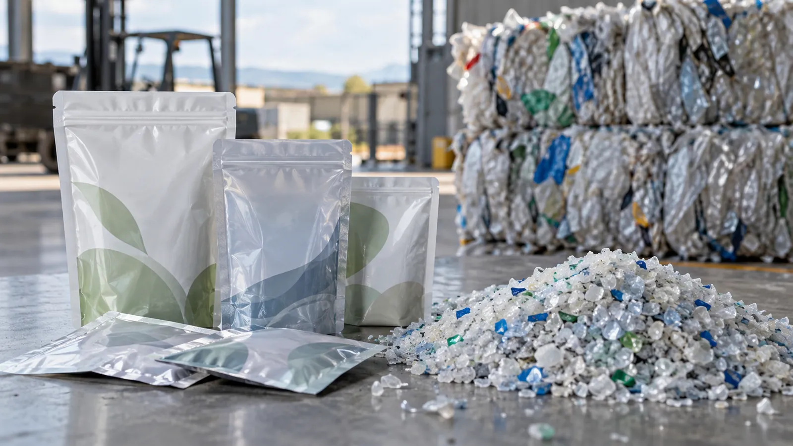 Mono-material pouches, recycled pellets and a bale of sorted film