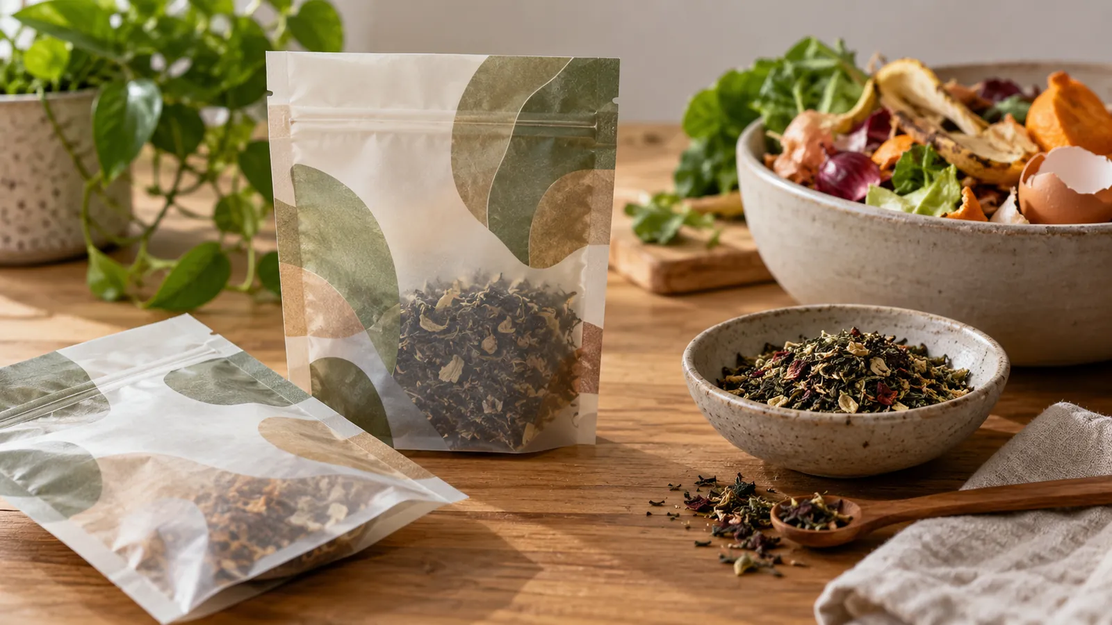 Compostable film pouches beside loose tea and food scraps