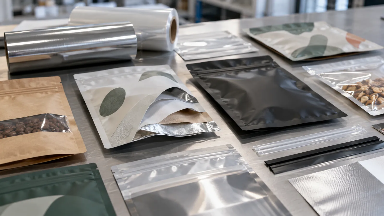 Assorted flexible pouches and closures laid out for design review