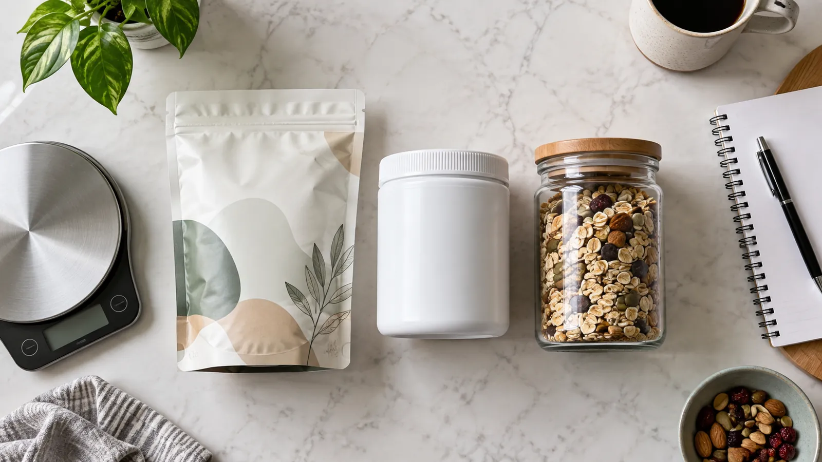 Flexible pouch, plastic jar and glass jar on a desk with a scale