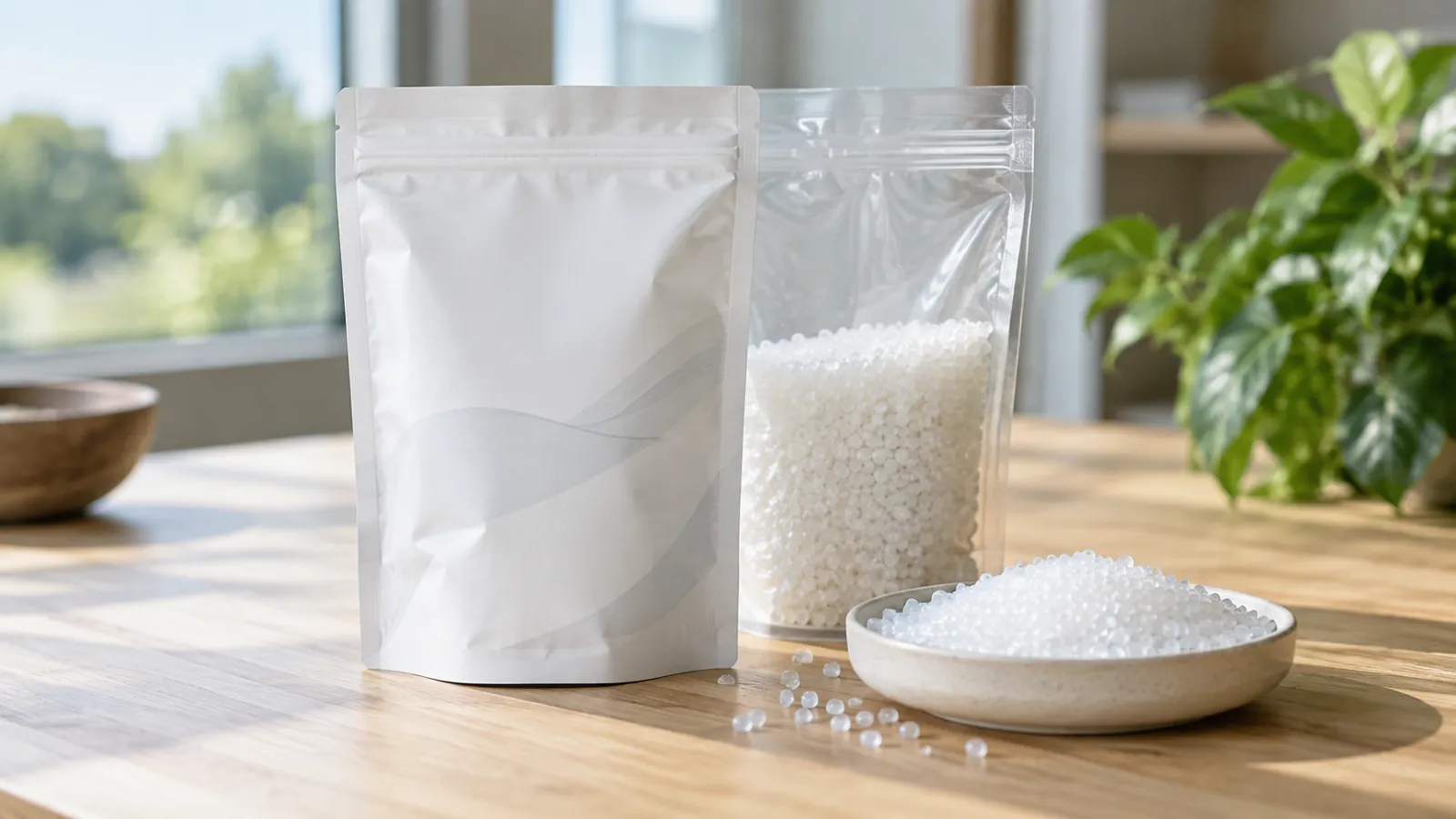 Mono-PE stand-up pouches beside polyethylene resin pellets