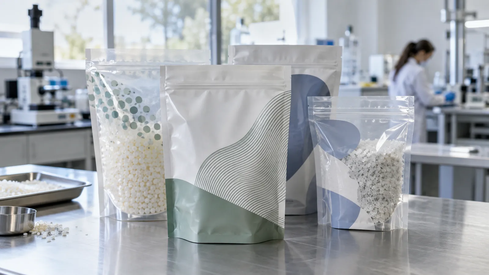 Stack of printed polyethylene stand-up pouches on a laboratory table
