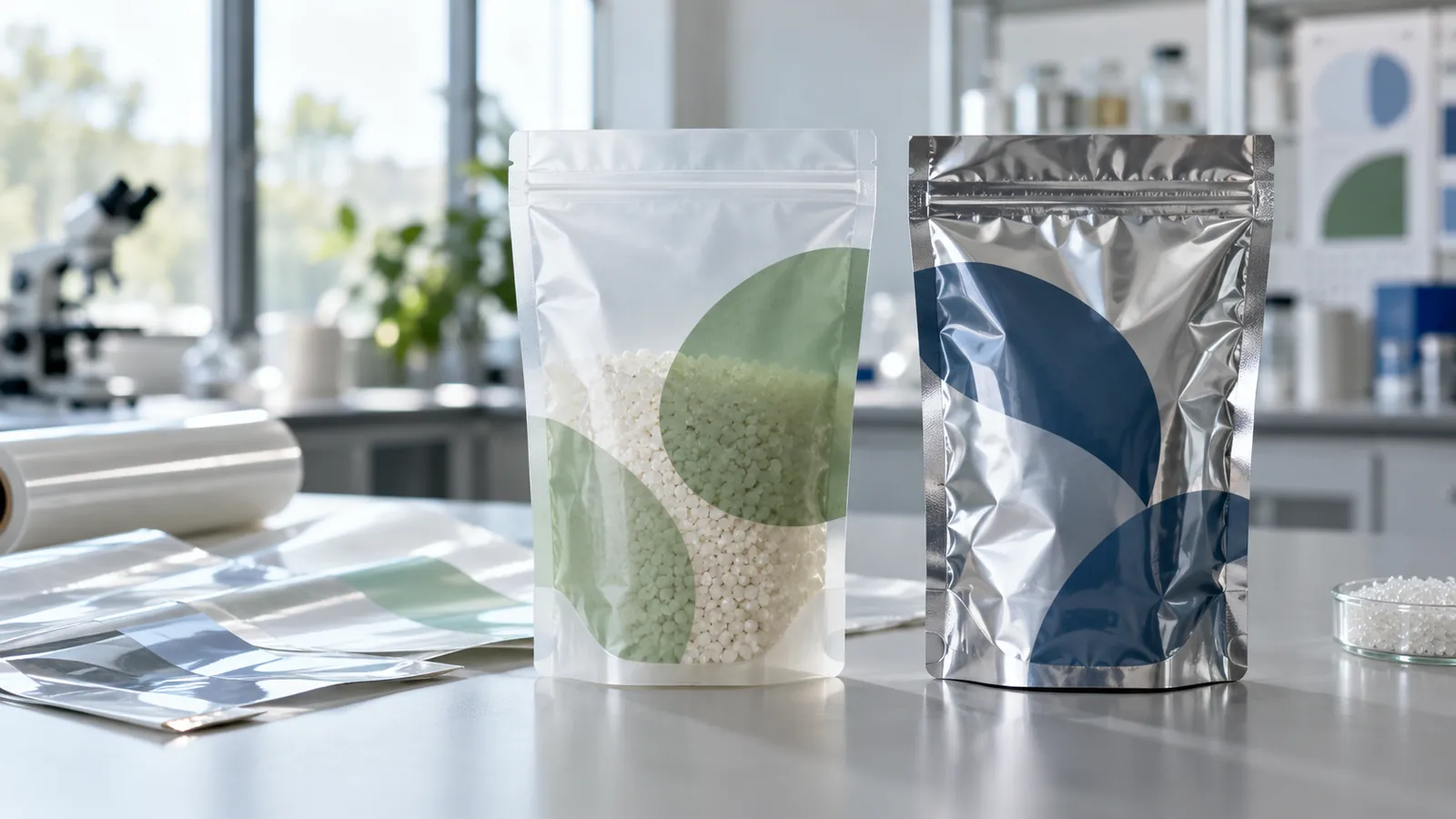 A matte pouch beside a glossy pouch on a lab table
